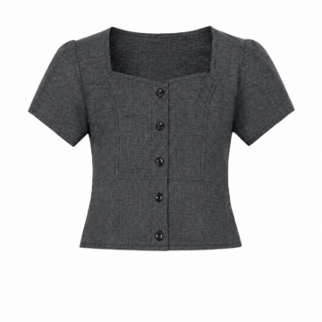 Dark Gray Heathered Square-Neck Button-Front Woven Crop Top