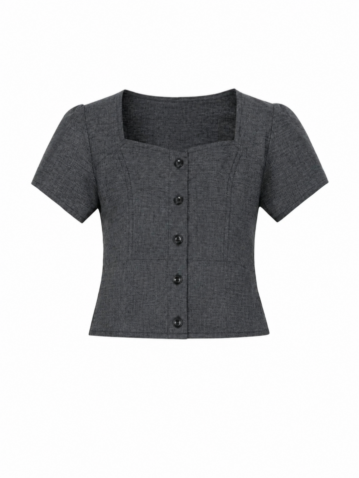 Dark Gray Heathered Square-Neck Button-Front Woven Crop Top