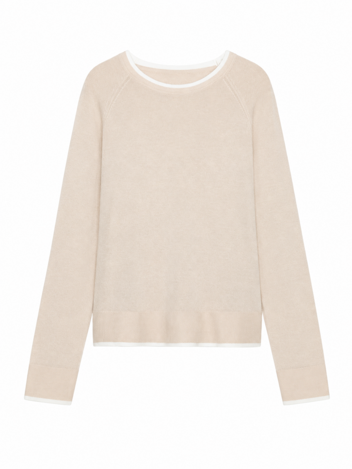 Light Beige Crewneck Knit Sweater with White Trim