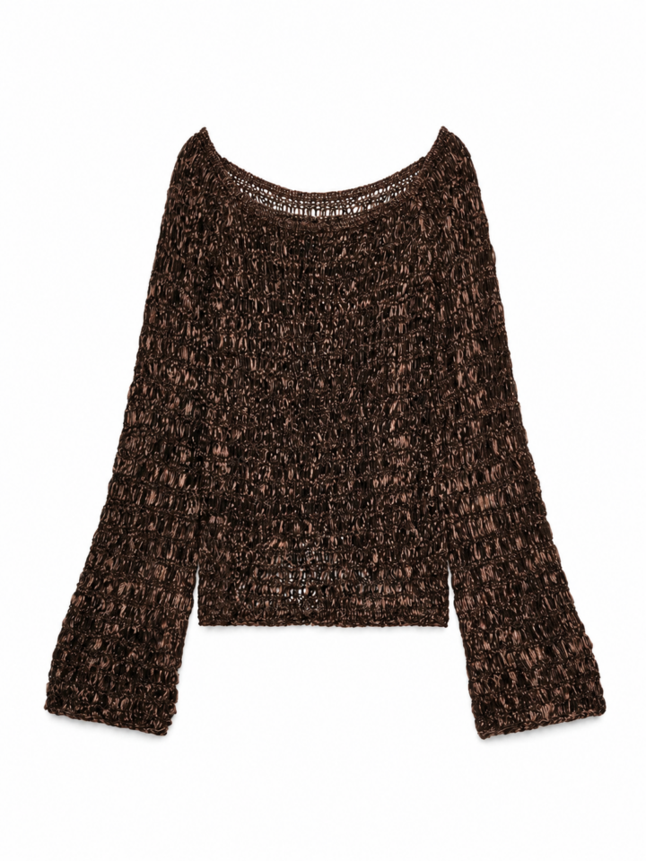 Dark Brown Loose Boxy Open-Knit Sweater