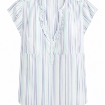 White Striped Ruffle-Trim Split-Neck Button-Front Blouse
