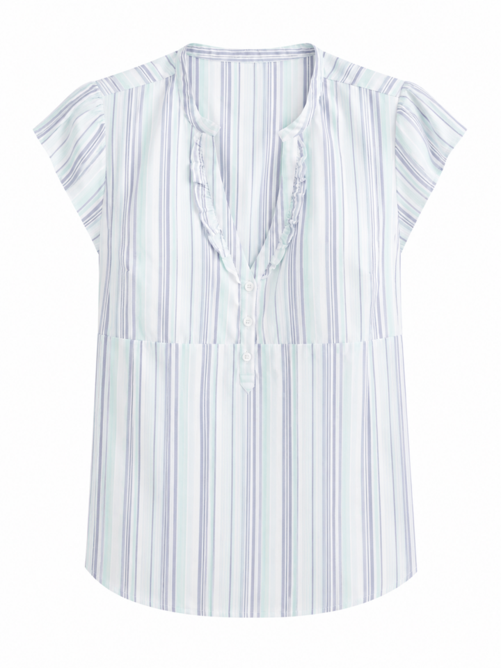 White Striped Ruffle-Trim Split-Neck Button-Front Blouse
