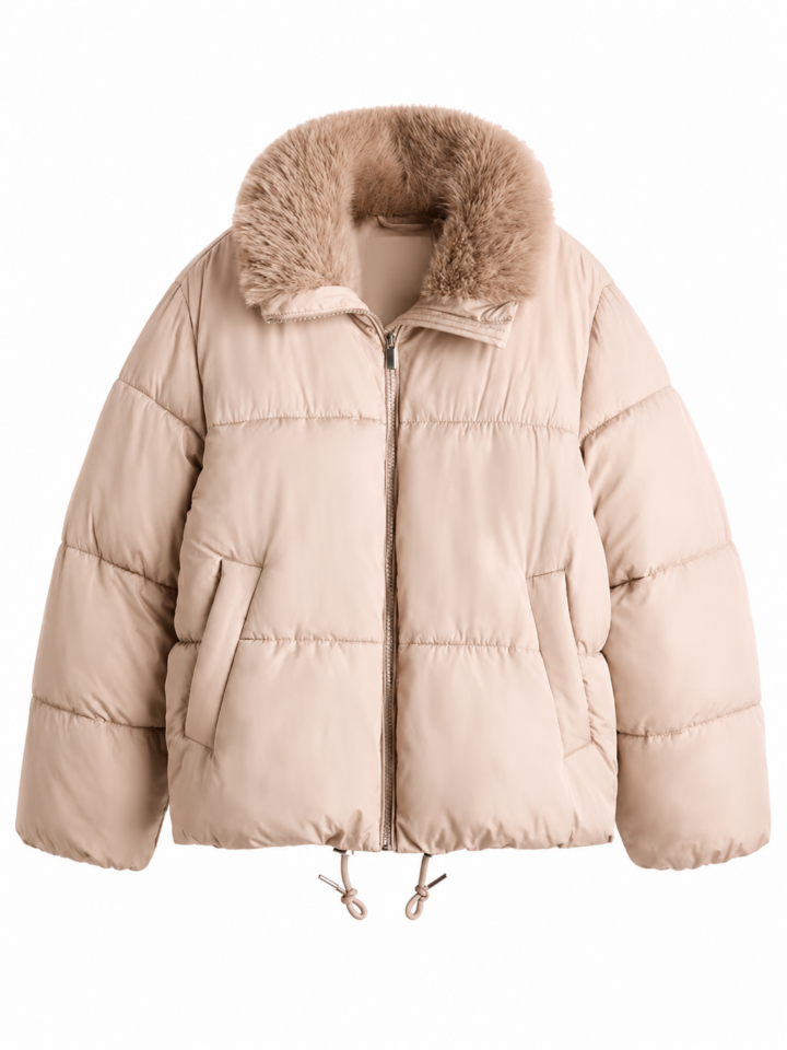 Light Beige Oversized Puffer Coat with Faux Fur Collar
