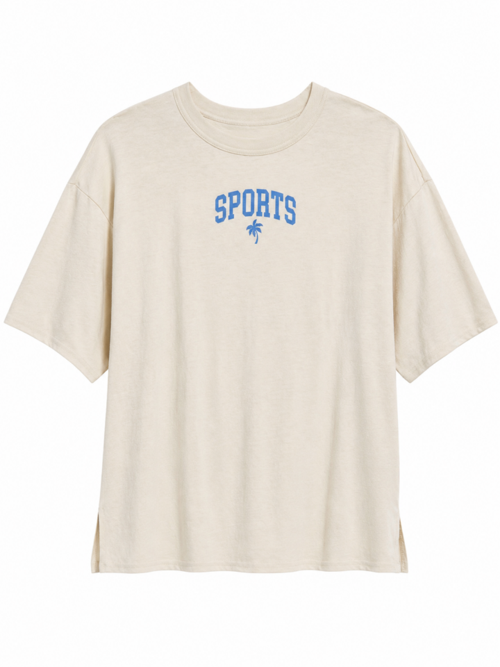 Cream Oversized Boxy Tee with Sports Graphic