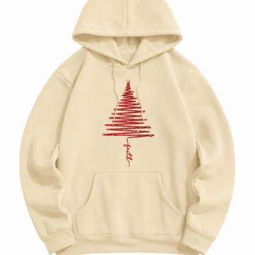 Cream Pullover Hoodie with Red Abstract Christmas Tree Graphic and Oversized Fit