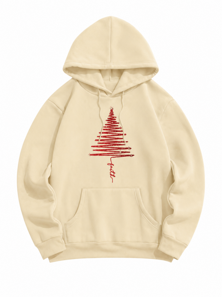 Cream Pullover Hoodie with Red Abstract Christmas Tree Graphic and Oversized Fit