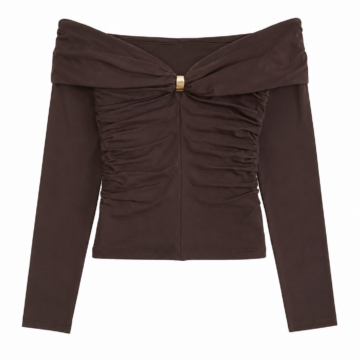 Dark Brown Off-Shoulder Ruched Knit Top