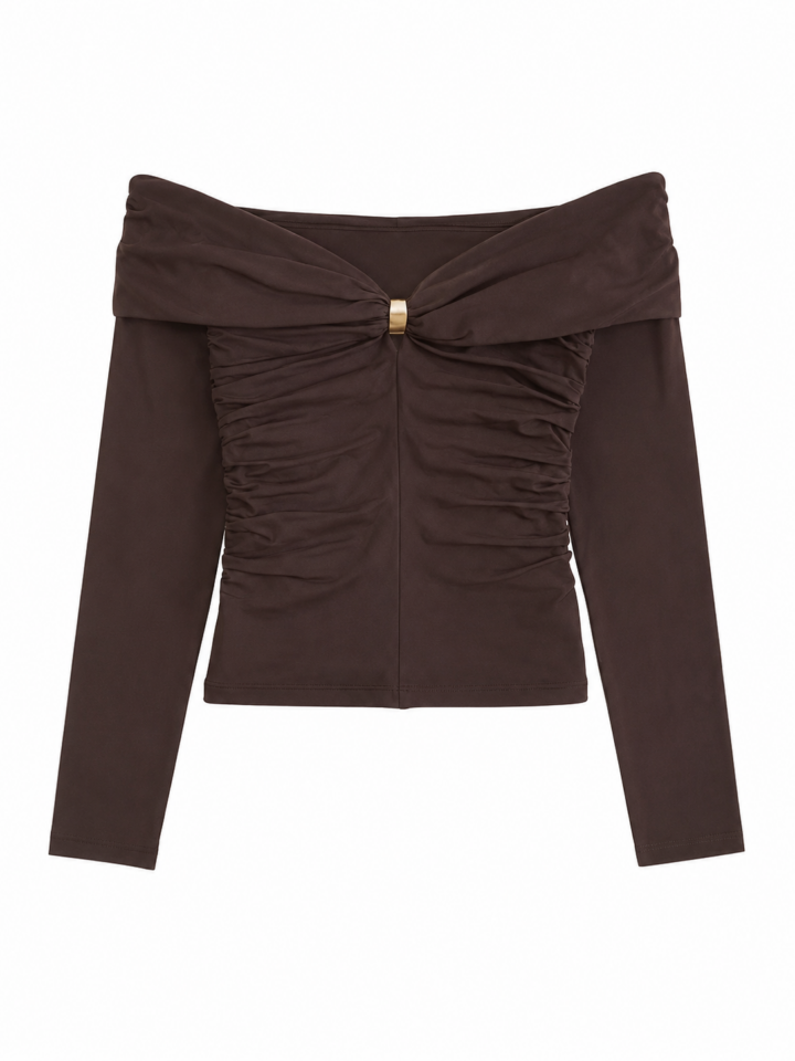 Dark Brown Off-Shoulder Ruched Knit Top