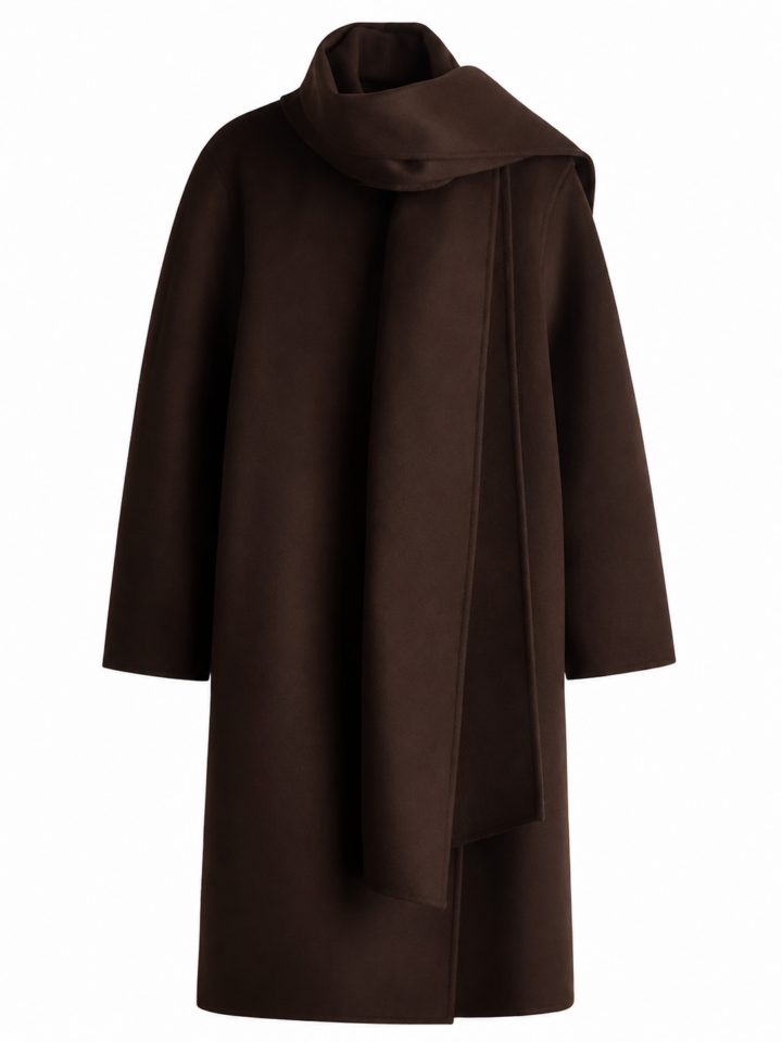 Dark Brown Longline Coat with Draped Cowl Neck
