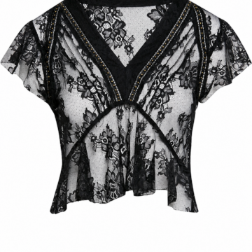 Black Sheer Floral Lace V-Neck Blouse