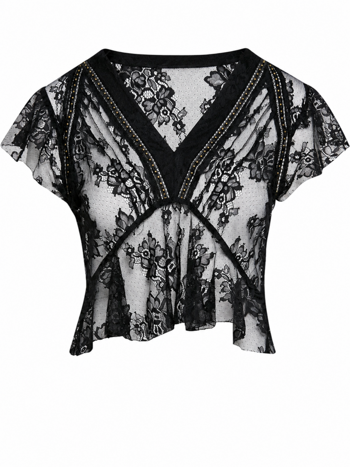 Black Sheer Floral Lace V-Neck Blouse