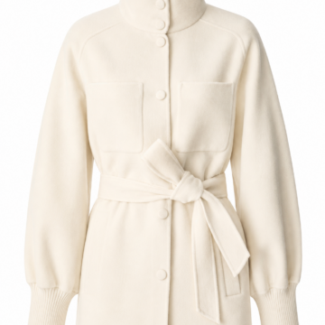 Cream Relaxed Jacket with Stand Collar and Self-Tie Belt