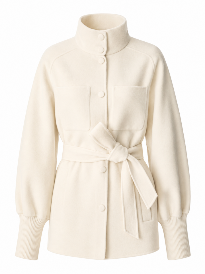 Cream Relaxed Jacket with Stand Collar and Self-Tie Belt