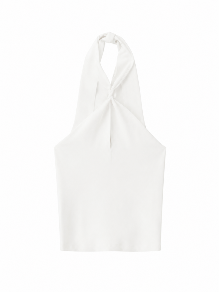 White Sleeveless Halter Crop Top with Twisted Keyhole Neckline