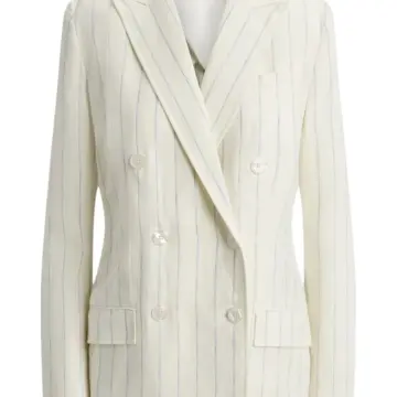 Off-White Double-Breasted Blazer with Light Blue Pinstripes
