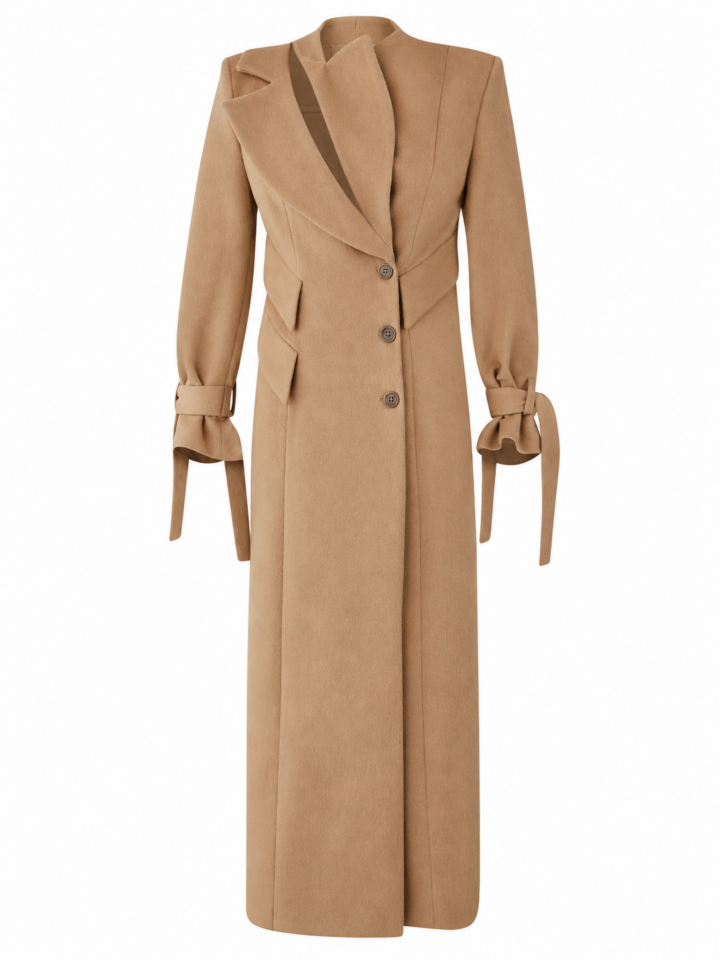 Camel Tailored Long Coat with Structured Collar