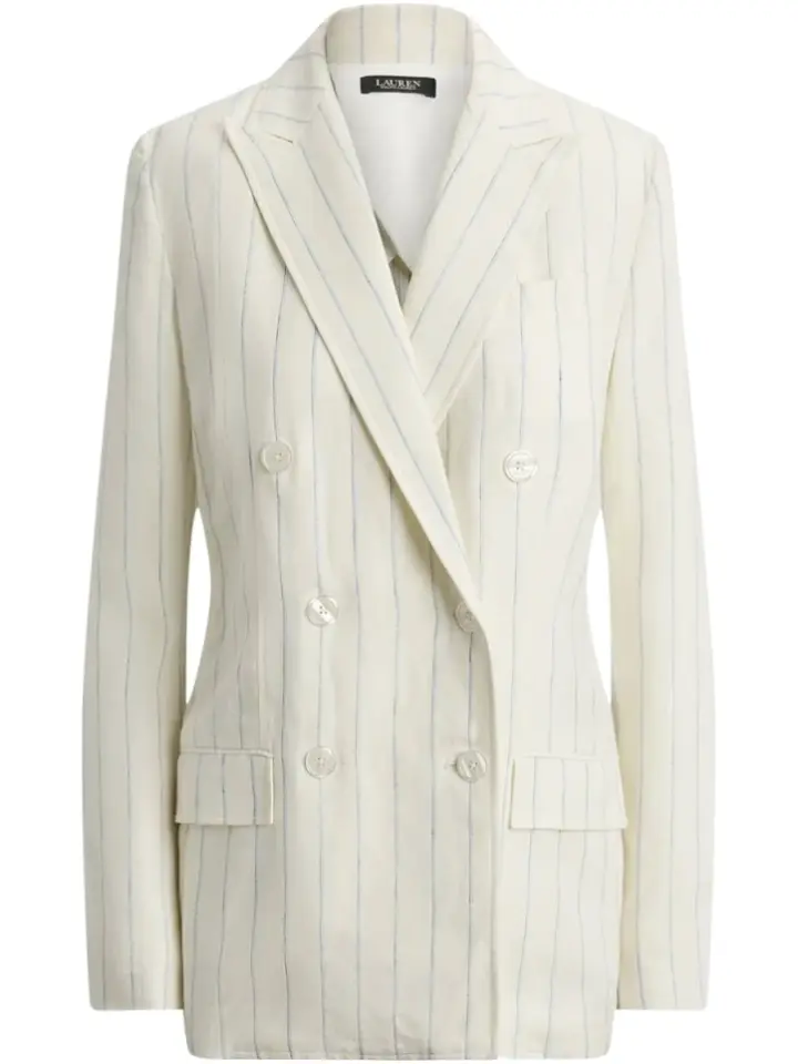 Off-White Double-Breasted Blazer with Light Blue Pinstripes