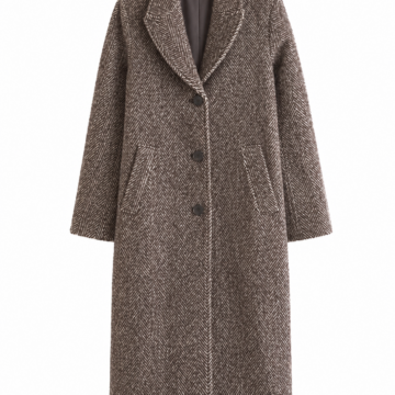 Brown Herringbone Longline Coat with Notch Lapels