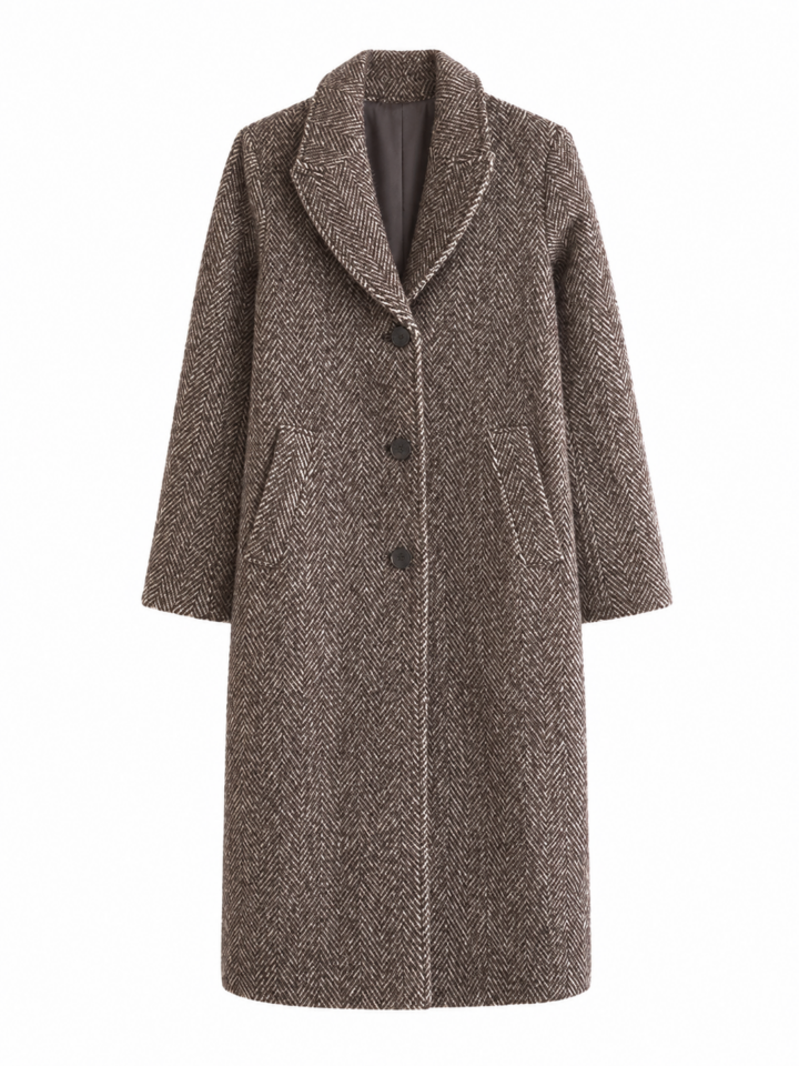 Brown Herringbone Longline Coat with Notch Lapels