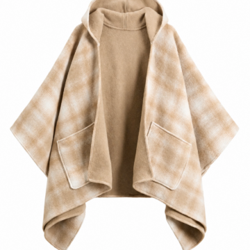 Beige Check Cape-Style Open-Front Coat