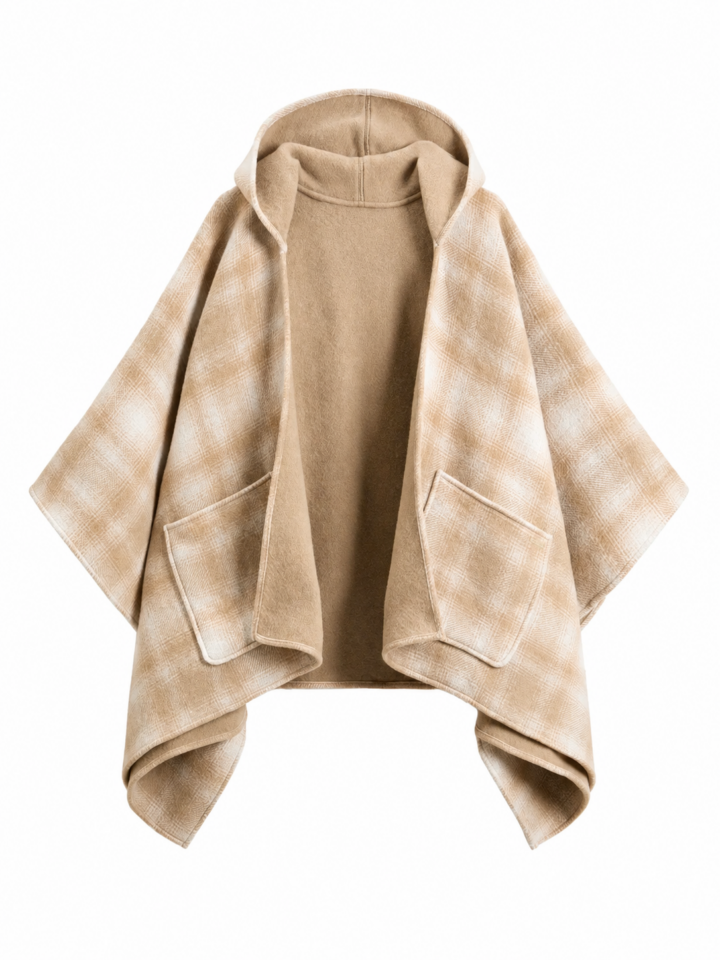 Beige Check Cape-Style Open-Front Coat