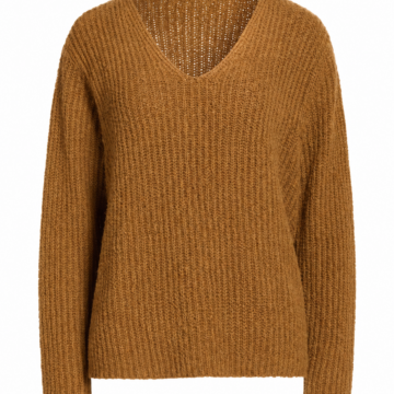 Camel V-Neck Ribbed Knit Sweater