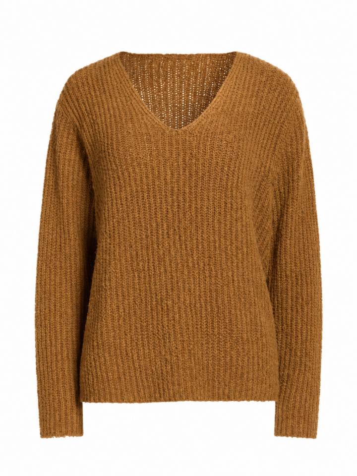 Camel V-Neck Ribbed Knit Sweater
