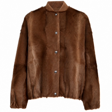 Brown Faux Fur Jacket with Ribbed Stand Collar