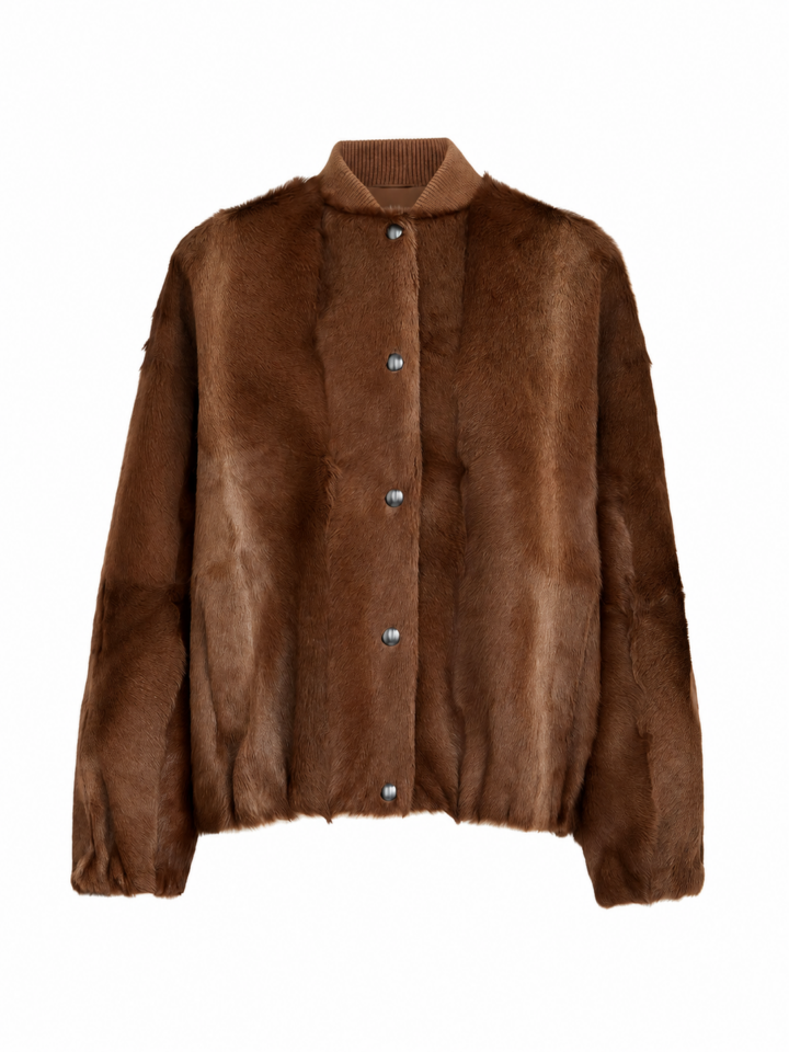 Brown Faux Fur Jacket with Ribbed Stand Collar