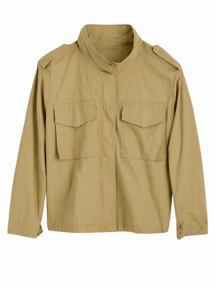 Tan Stand Collar Field Jacket with Epaulets
