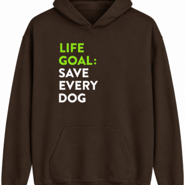 Dark Brown Pullover Hoodie with Dog Rescue Text and Relaxed Fit
