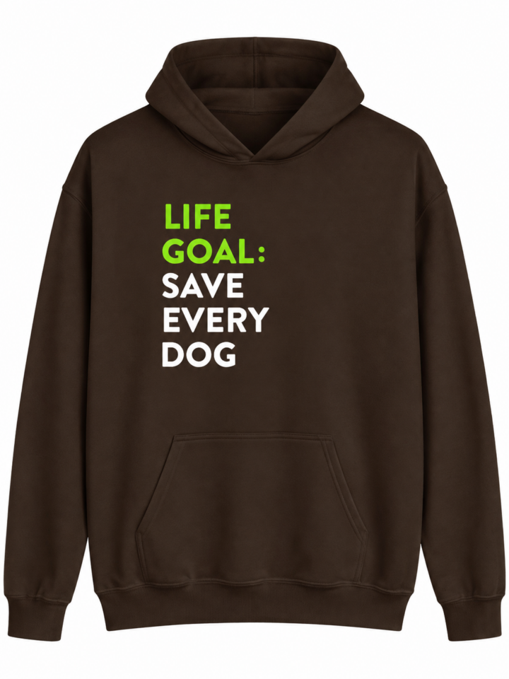 Dark Brown Pullover Hoodie with Dog Rescue Text and Relaxed Fit