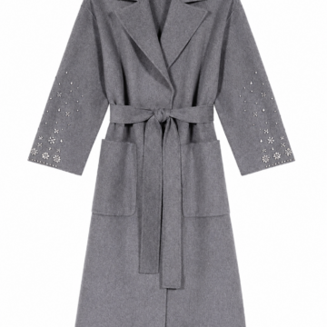 Grey Longline Wrap Coat with Rhinestone Embellished Sleeves
