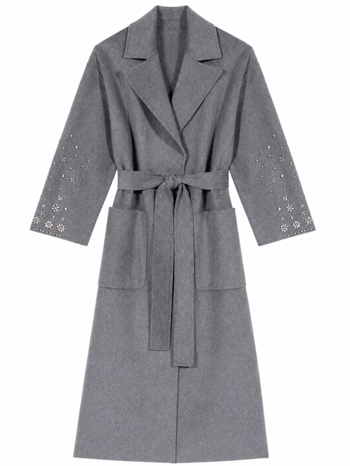 Grey Longline Wrap Coat with Rhinestone Embellished Sleeves
