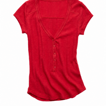 Red Heathered Henley Top with V-Neck and Cap Sleeves