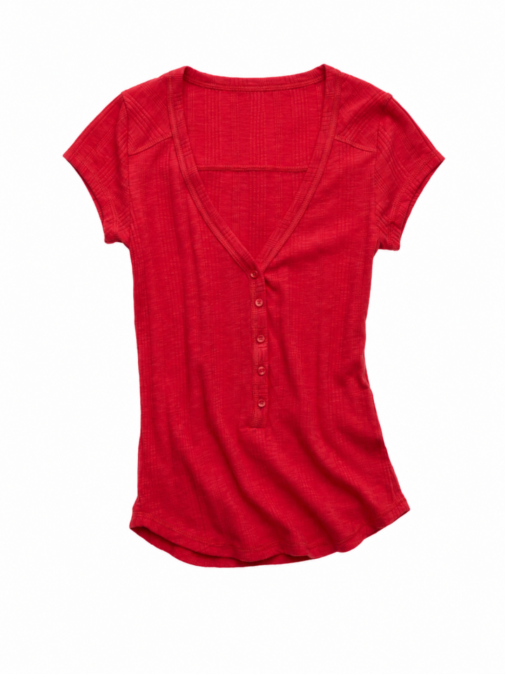 Red Heathered Henley Top with V-Neck and Cap Sleeves