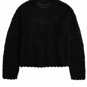 Black Cropped Pointelle Knit Sweater