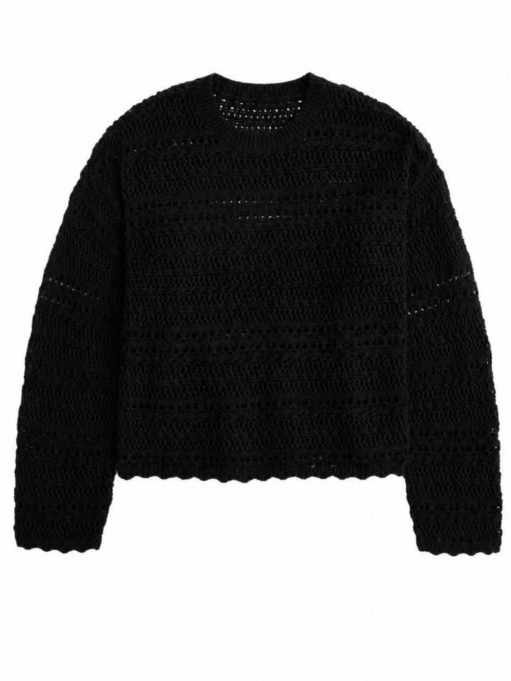 Black Cropped Pointelle Knit Sweater
