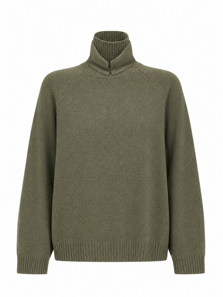 Olive Green Ribbed Mock Neck Raglan Sleeve Knit Sweater