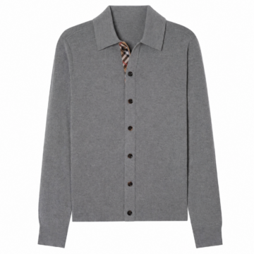 Grey Fine-Knit Polo Collar Cardigan