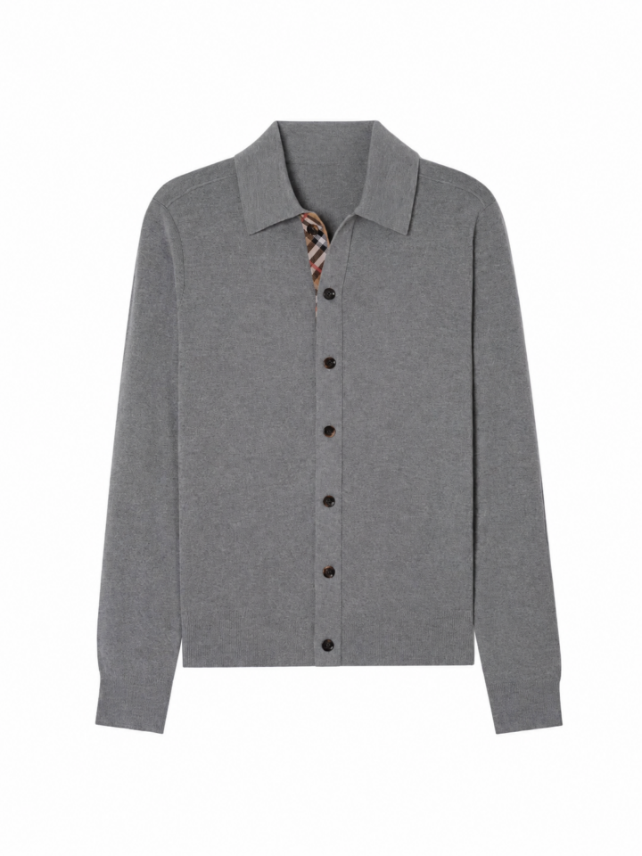 Grey Fine-Knit Polo Collar Cardigan