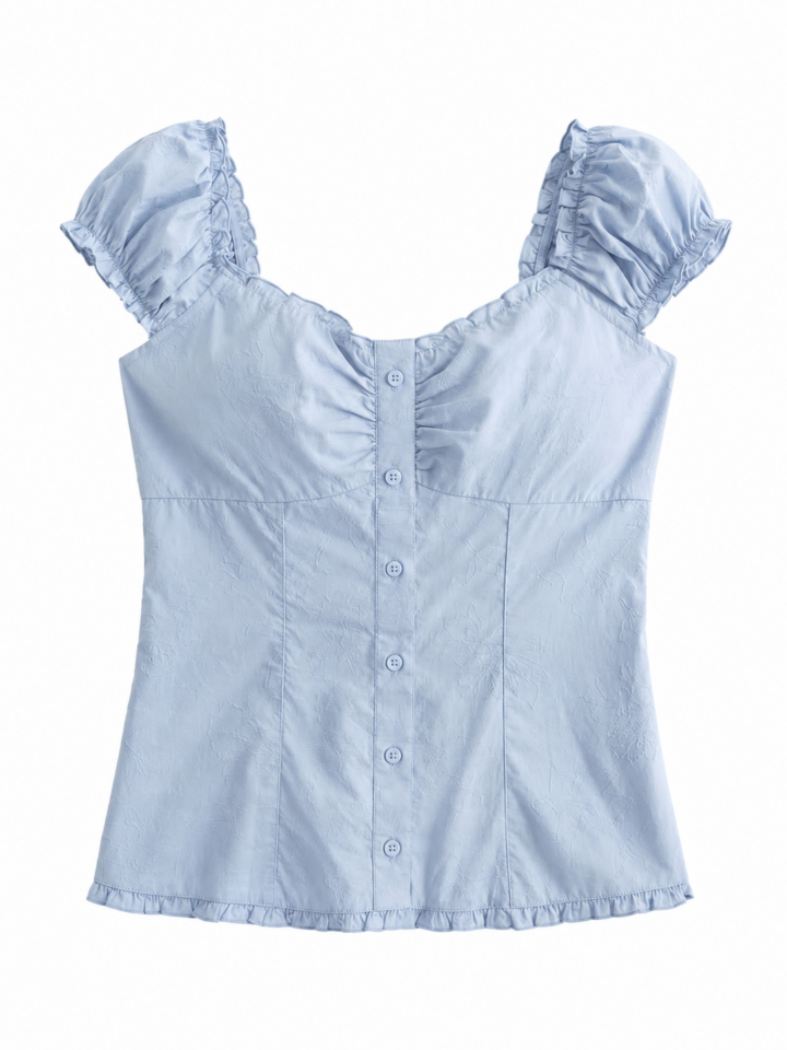 Light Blue Corset-Style Top with Floral Jacquard and Cap Sleeves