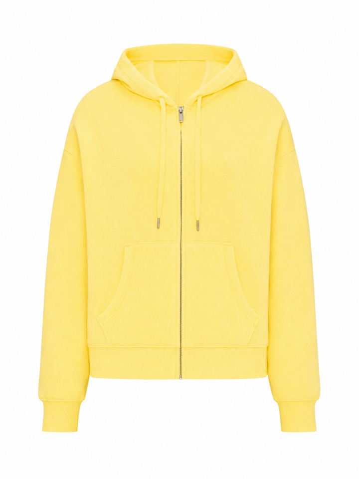 Bright Yellow Zip-Up Hoodie with Drawstring Hood and Split Pockets