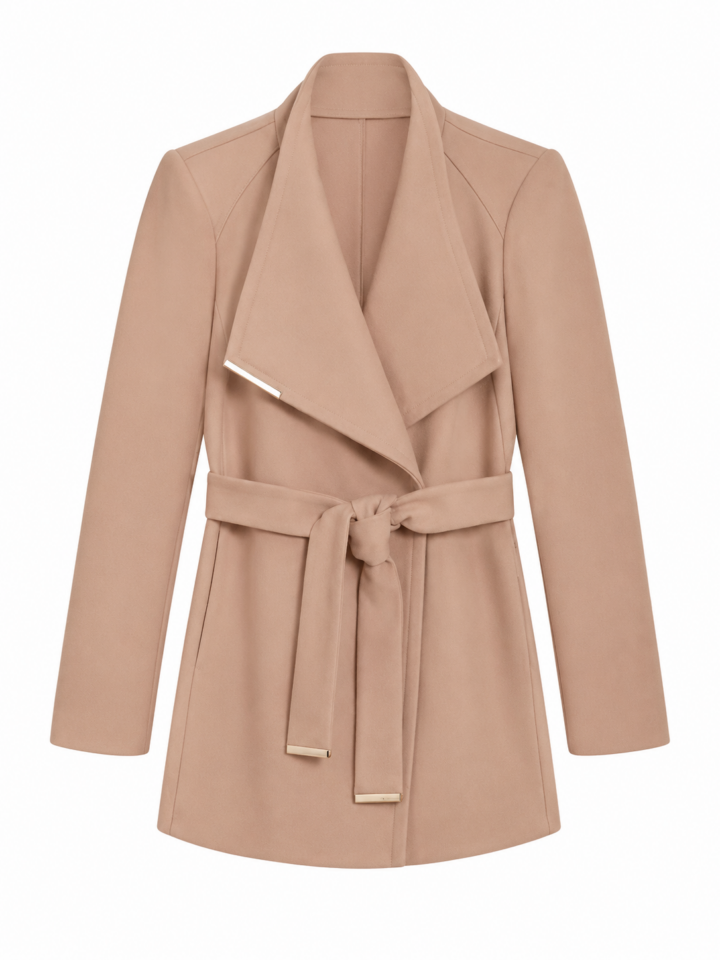 Camel Wrap Coat with Gold-Tone Hardware