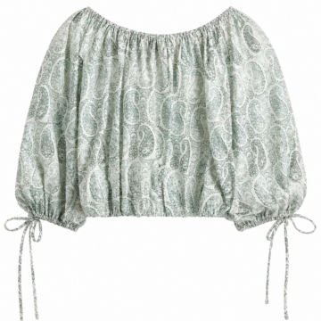 Green Paisley Off-Shoulder Cropped Blouson Top with Tie Sleeves