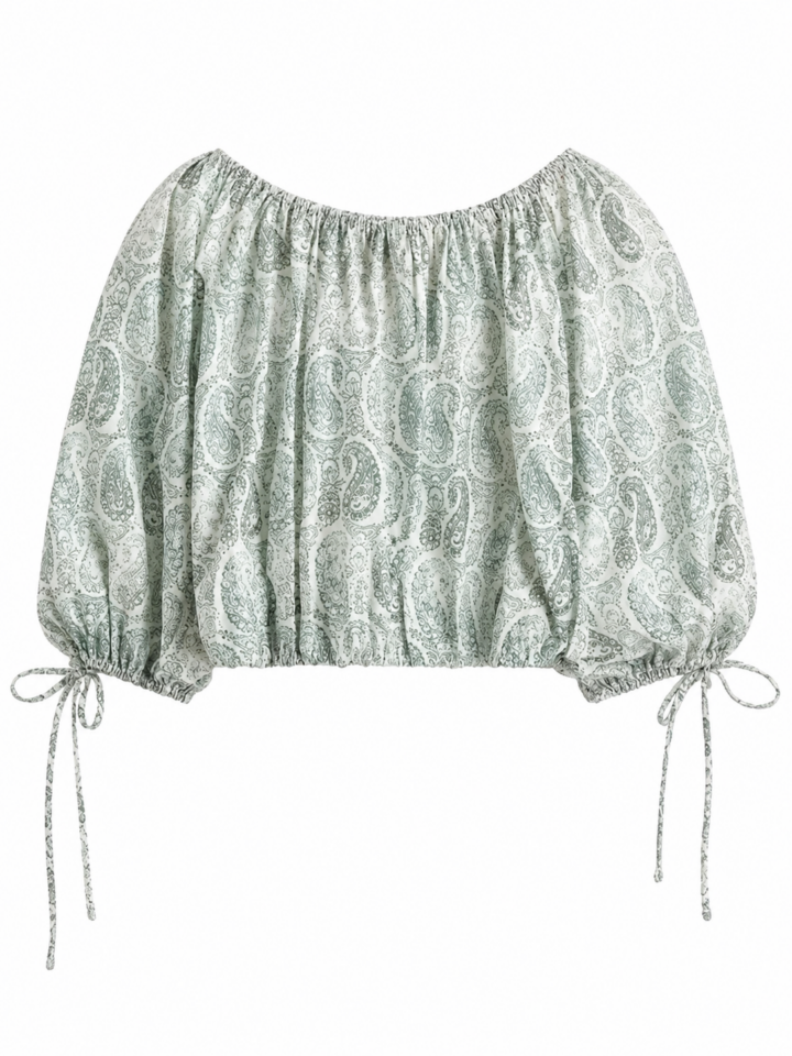 Green Paisley Off-Shoulder Cropped Blouson Top with Tie Sleeves