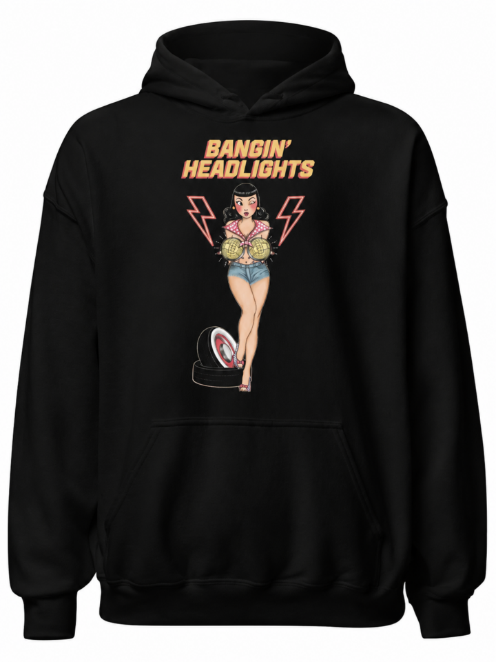 Black Pullover Hoodie with Retro Pin-Up Graphic and Relaxed Fit