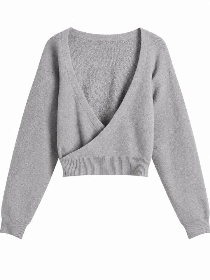 Heather Grey Wrap-Front Cropped Sweater