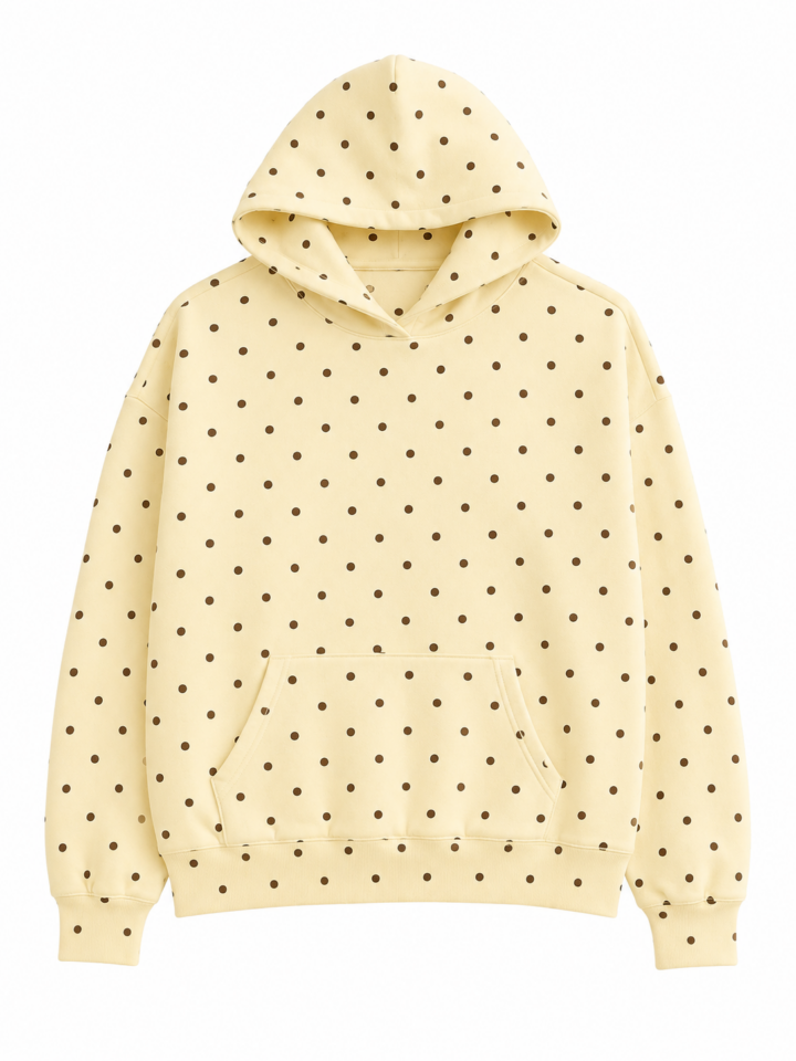 Pale Yellow Polka Dot Pullover Hoodie with Dropped Shoulders