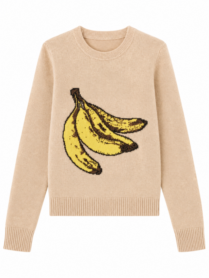 Beige Crew Neck Sweater with Banana Intarsia